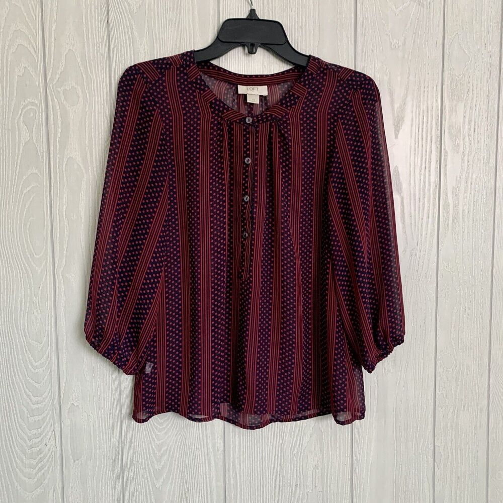 Loft Red Blue Stripe Dot Sheer Long Sleeve Blouse SIze XS